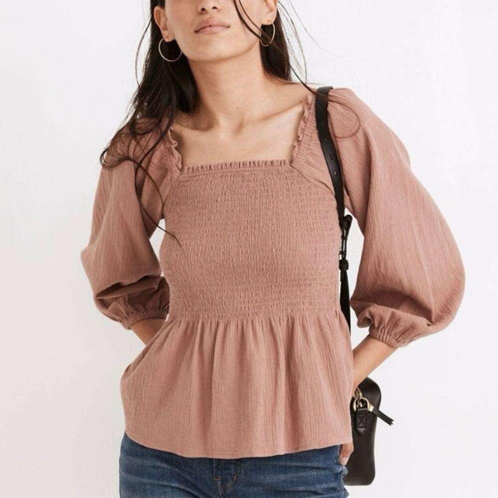 Madewell Lucie Faded Mauve Smocked Peplum Top Size 2